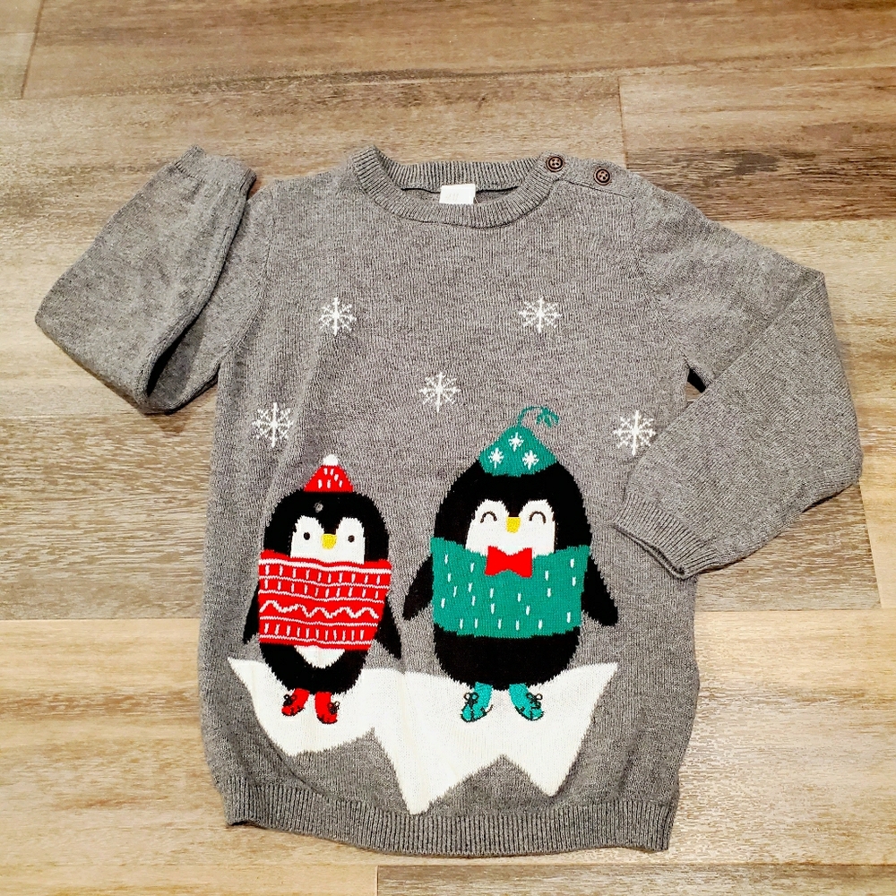 H&M Boys Gray Winter Holiday Penguins Sweater 2-3Y